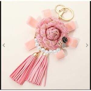 Fabric Flower Pearl Paved Number Five Embellished Handbag Keychain / Bag Charm
